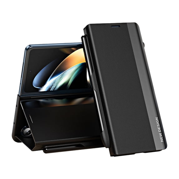 SaniMore for Samsung Galaxy Z Fold 5 2023 Case, PU Leather Skin Rugged PC Back Magnetic Hidden Bracket Pen Holder Drop Resistant All-inclusive Full Protective Case for Galaxy Z Fold 5, Black