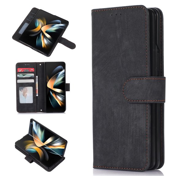 SaniMore for Samsung Galaxy Z Fold 5 7.6" 2023 Case, PU Leather Flip Fold Wallet Cover, Detachable Wrist Strap, Card Slots Cash Pocket, Shockproof Full Protective Shell, Black