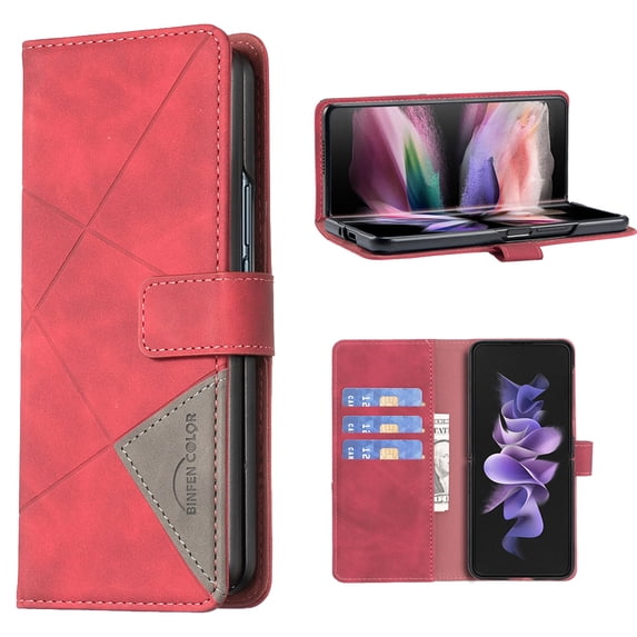 SaniMore for Samsung Galaxy Z Fold 5 (7.6" 2023) Case, PU Leather Magnetic Clsap Adjustable Flip Stand Card Slots & Cash Pocket Shockproof TPU Shell Business Vintage Wallet Cover, Red