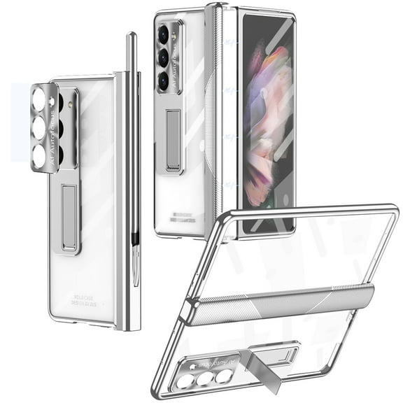 SaniMore for Samsung Galaxy Z Fold 5 7.6" 2023 Case with Pen Stulus, Hinge Protection Screen Protector Hidden Kickstand Pen Slot Electroplated Magnetic Crystal-clear Shockproof Cover, Silver