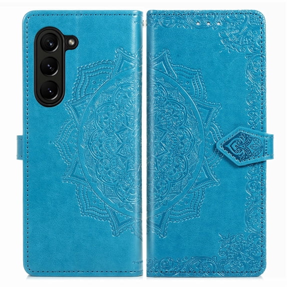 SaniMore for Samsung Galaxy Z Fold 5 7.6" 2023 Wallet Case with Embossed Mandala PU Leather Flip Protection Wrist Strap Credit Card Holder Pocket Kickstand Shockproof Folding Cover, Blue