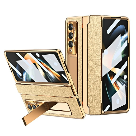 SaniMore for Samsung Galaxy Z Fold 5 7.6" Folding Magnetic Hinge Protection Case with Tempered Glass Film, PU Leather Cover with Wireless Charging & Kickstand Full Body Protective Shell, Deep Gold