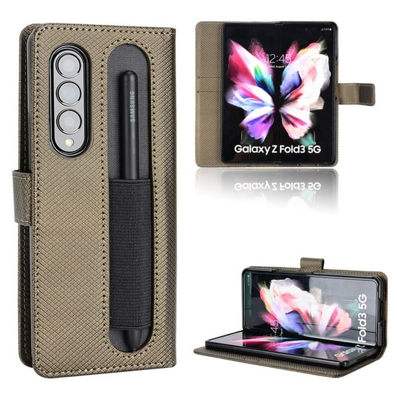 SaniMore for Samsung Galaxy Z Fold 5 7.6" PU Leather Case, Magnetic Closure Flip Wallet Cover with Wrist Strap Card Slot & Adjustable Kickstand All-Inclusive Protective Shell, Copper
