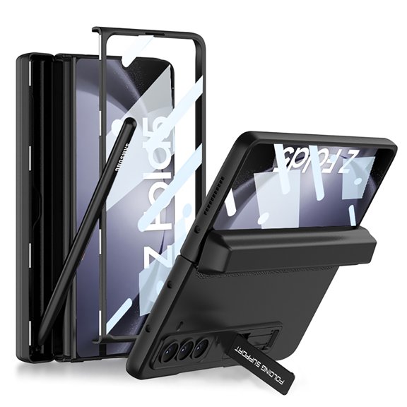SaniMore for Samsung Galaxy Z Fold 5 Case with Bracket, [Pen Tray Hinge] Super Adsorption Cover with HD Screen Tempered Film Lens Protection Explosion-proof Shell for Galaxy Z Fold 5, Black