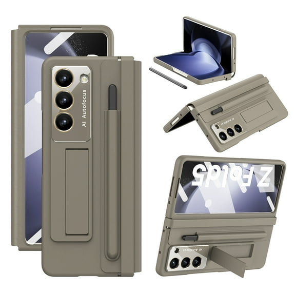 SaniMore for Samsung Galaxy Z Fold 5 Case, S Pen Holder & Stylus & Tempered Glass Screen Protector & Foldable Bracket Hinge Protection Rugged PC Skin-feel Shockproof Anti-fall Shell, Brown