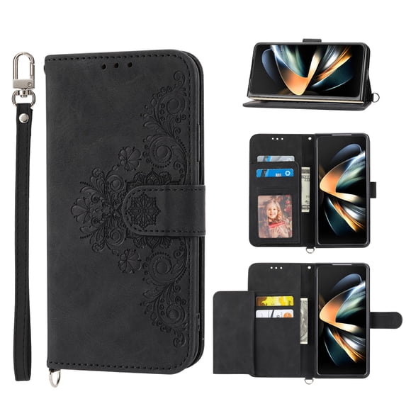 SaniMore for Samsung Galaxy Z Fold 5 Magnetic Flip Wallet Case with Cross Body Strap, PU Leather Case with Card Slot & Multi-Angle Kickstand Shockproof Protective Case for Girls Ladies, Black