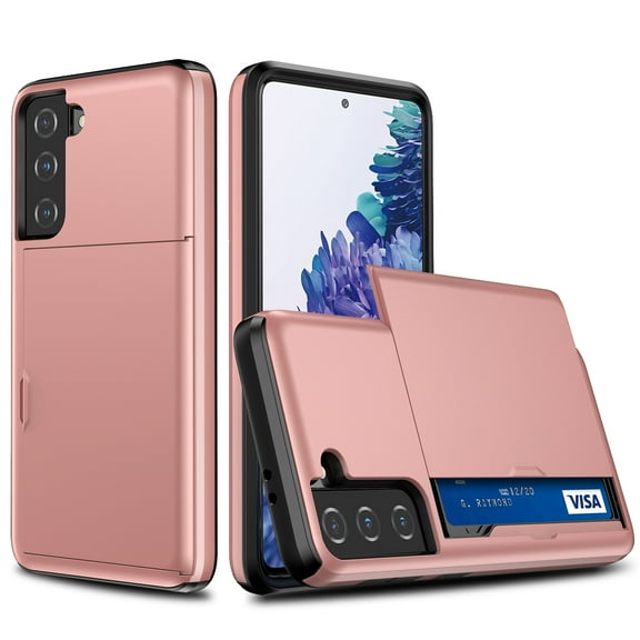SaniMore for Samsung S21 FE 5G Case with Card Holder, Slim Dual Layer Heavy Duty Galaxy S21 FE 2022 Wallet Case Hidden Sliding Credit Slot Protective Cover for Men Women, Rosegold