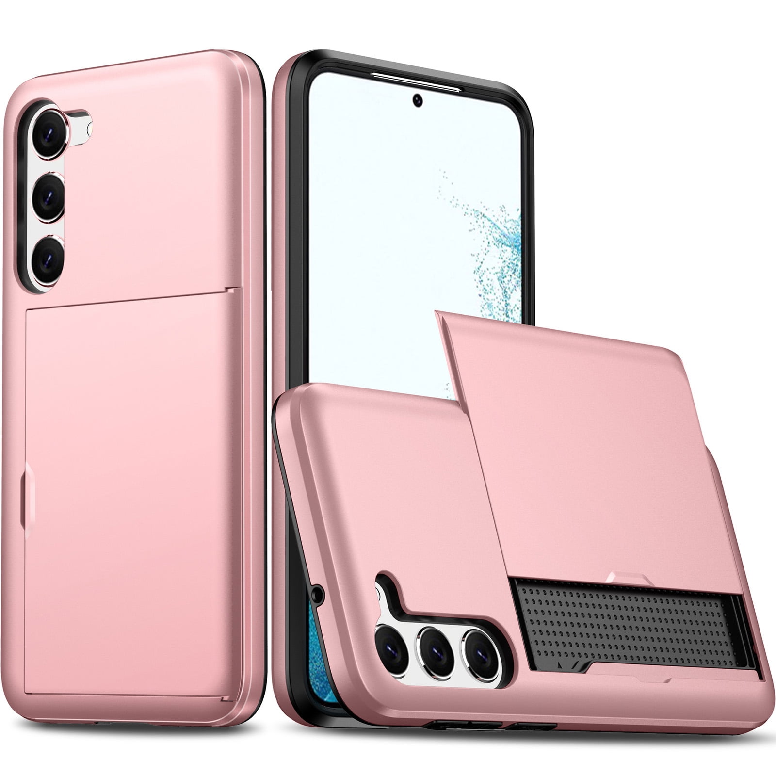 SaniMore for Samsung S22 5G Case with Card Holder, Slim Dual Layer Heavy Duty Galaxy S22 2022 Wallet Case Hidden Sliding Credit Slot Protective Cover for Men Women, Rosegold