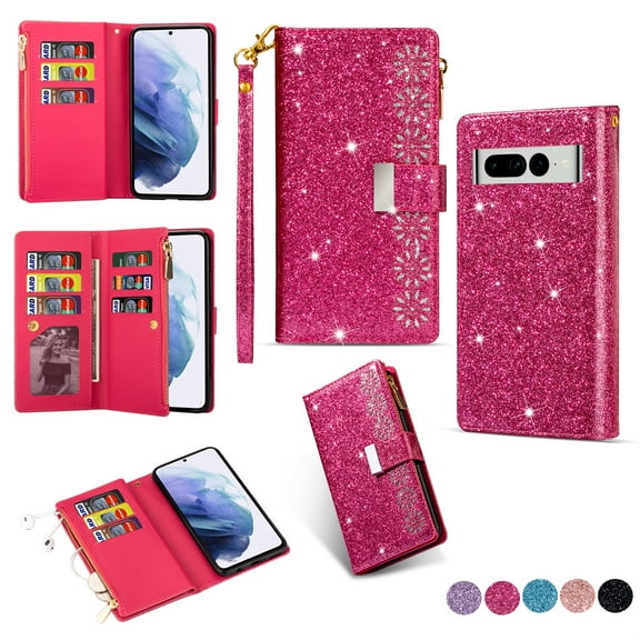 SaniMore Shining Star Laser Designed for Google Pixel 7A Case, Zipper Wallet Case for Girls Women, PU Leather Flip Kickstand Card Slot + Wrist Strap Cover for Google Pixel 7A, Rose