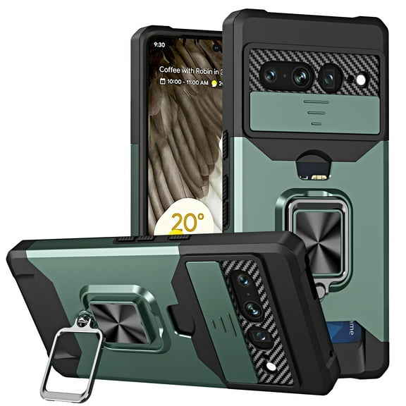 SaniMore Tri-layer Case for Google Pixel 8 Pro 6.7" 2023, Rugged PC Shockproof TPU Slide Window 360° Rotating Kickstand/Holder Card Slots Magnetic Car Mount Heavy Duty Protective Cover, Darkgreen