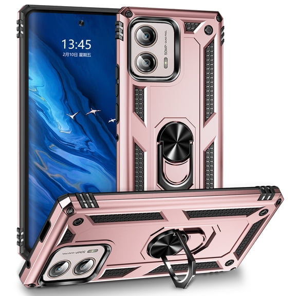 SaniMore Tri-layer Case for Motorola Moto Edge+ (2023), 360° Rotating Holder/Kickstand Rugged PC Back + TPU Bumper Magnetic Car Mount Anti-fingerprint Anti-fall Heavy Duty Protective Case, Rosegold