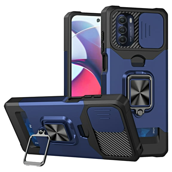 SaniMore Tri-layer Case for Motorola Moto G 5G 2022, Rugged PC Back Shockproof TPU Bumper Slide Window 360° Rotating Kickstand Card Slots Magnetic Car Mount Heavy Duty Protective Cover, Navy