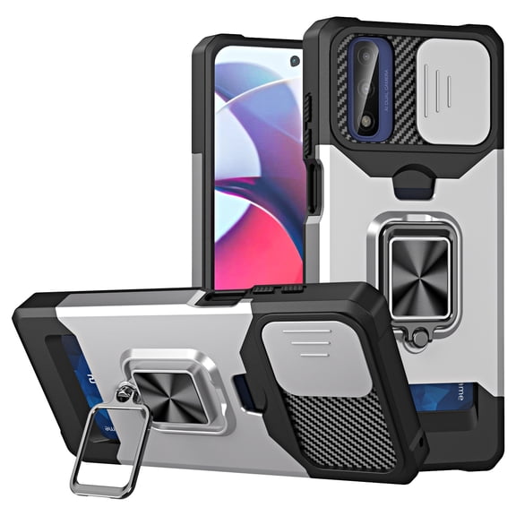 SaniMore Tri-layer Case for Motorola Moto G Play 2023, Rugged PC Back Shockproof TPU Bumper Slide Window 360° Rotating Kickstand Card Slots Magnetic Car Mount Heavy Duty Protective Cover, Silver