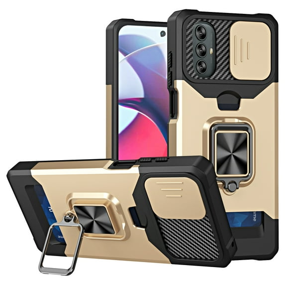 SaniMore Tri-layer Case for Motorola Moto G Power 2022, Rugged PC Back Shockproof TPU Bumper Slide Window 360° Rotating Kickstand Card Slots Magnetic Car Mount Heavy Duty Protective Cover, Gold