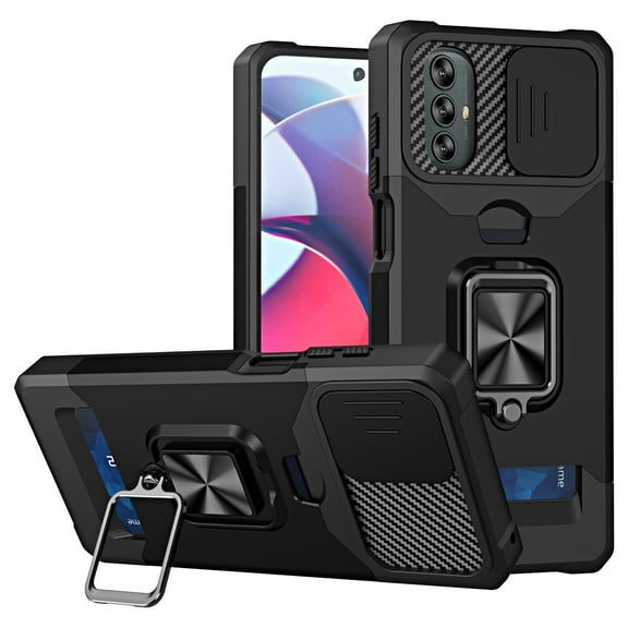 SaniMore Tri-layer Case for Motorola Moto G Power 2022, Rugged PC Back Shockproof TPU Bumper Slide Window 360° Rotating Kickstand Card Slots Magnetic Car Mount Heavy Duty Protective Cover, Black
