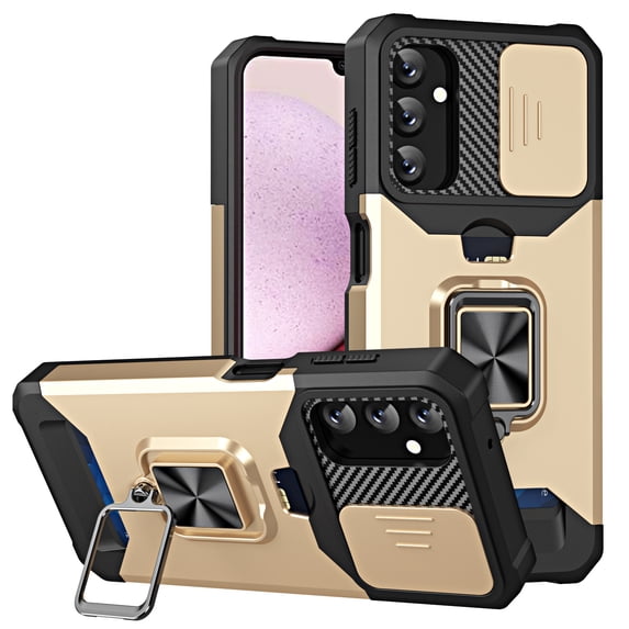SaniMore Tri-layer Case for Samsung Galaxy A14 5G 6.6" 2023, Rugged PC Back Shockproof TPU Bumper Slide Window 360° Rotating Kickstand Card Slots Magnetic Car Mount Heavy Duty Protective Case, Gold