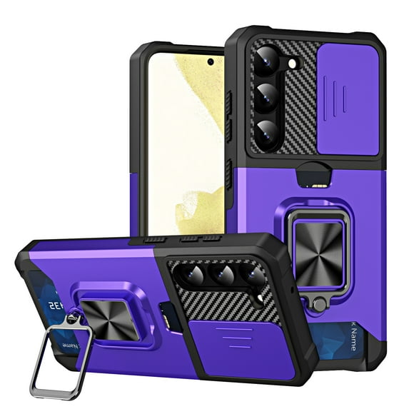 SaniMore Tri-layer Case for Samsung Galaxy S22 Ultra 6.8", Rugged PC Back Shockproof TPU Bumper Slide Window 360° Rotating Kickstand Card Slots Magnetic Car Mount Heavy Duty Protective Case,Purple
