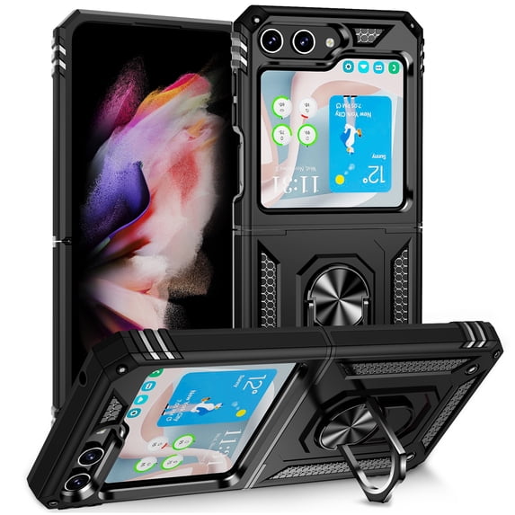 SaniMore Tri-layer Case for Samsung Galaxy Z Flip 5 6.7" 2023, 360° Rotating Holder/Kickstand Rugged PC Back + TPU Bumper Magnetic Car Mount Anti-fingerprint Heavy Duty Protective Case, Black