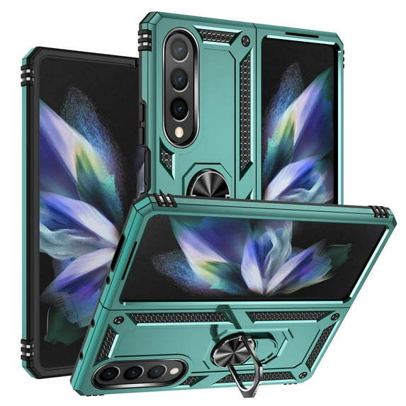 SaniMore Tri-layer Case for Samsung Galaxy Z Fold 4 7.6", 360° Rotating Holder/Kickstand Rugged PC Back + TPU Bumper Magnetic Car Mount Anti-fingerprint Anti-fall Heavy Duty Protective Case, Darkgreen