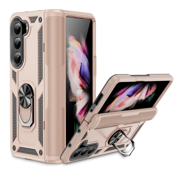 SaniMore Tri-layer Case for Samsung Galaxy Z Fold 5 7.6" 2023, 360° Rotating Holder/Kickstand Rugged PC Back TPU Bumper Magnetic Car Mount Anti-fingerprint Heavy Duty Protective Case, Gold