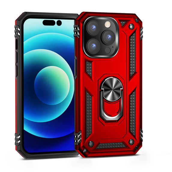 SaniMore Tri-layer Case for iPhone 14 Pro Max 6.7" 2022, 360° Rotating Holder/Kickstand Rugged PC Back + TPU Bumper Magnetic Car Mount Anti-fingerprint Anti-fall Heavy Duty Protective Case, Red