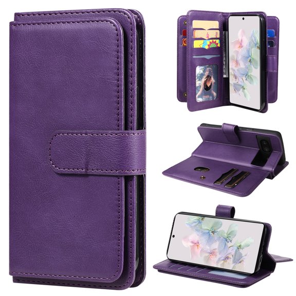 SaniMore Versatile Case for Google Pixel 8, Durable PU Leather Case Card Slots Flip Kickstand Magnetic Closure Anti-drop Shockproof Full Body Protective Wallet Business Cover, Purple