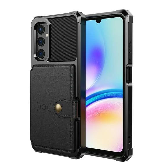 SaniMore Versatile Case for Samsung Galaxy A05S 6.7" 2023, Rugged PC Shell PU Leather Button Flip Card Pocket Stand Magnetic Car Mount Shockproof Anti-drop Heavy Duty Protective Cover, Black