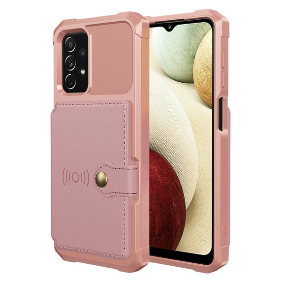 SaniMore Versatile Case for Samsung Galaxy A13 5G 6.5" 2021, Rugged PC Shell Leather Button Flip Card Pocket Stand Feature Magnetic Car Mount Shockproof Anti-drop Heavy Duty Protective Case, Rosegold