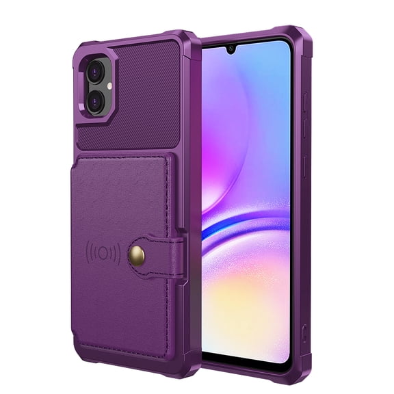 SaniMore Versatile Case for Samsung Galaxy A15 6.5" 2023, Rugged PC Shell PU Leather Button Flip Card Pocket Stand Magnetic Car Mount Shockproof Anti-drop Heavy Duty Protective Cover, Purple