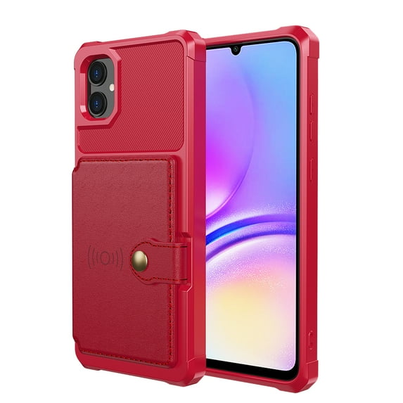 SaniMore Versatile Case for Samsung Galaxy A15 6.5" 2023, Rugged PC Shell PU Leather Button Flip Card Pocket Stand Magnetic Car Mount Shockproof Anti-drop Heavy Duty Protective Cover, Red