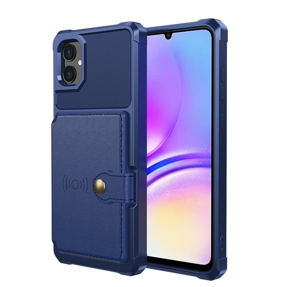 SaniMore Versatile Case for Samsung Galaxy A15 6.5" 2023, Rugged PC Shell PU Leather Button Flip Card Pocket Stand Magnetic Car Mount Shockproof Anti-drop Heavy Duty Protective Cover, Darkblue