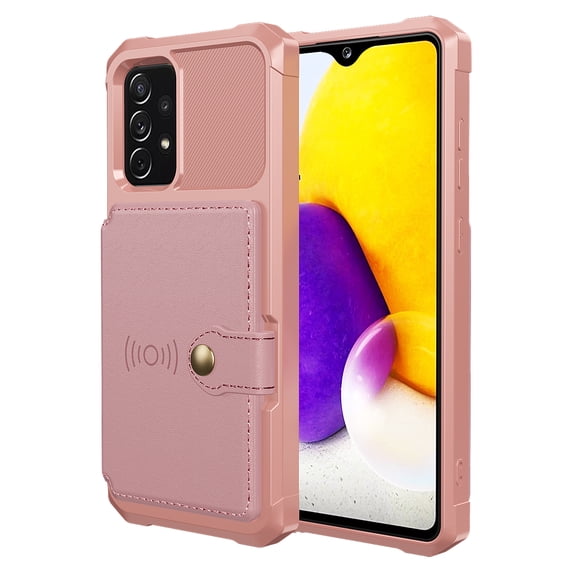 SaniMore Versatile Case for Samsung Galaxy A33 5G 6.5" 2022, Rugged PC Shell Leather Button Flip Card Pocket Stand Feature Magnetic Car Mount Shockproof Anti-drop Heavy Duty Protective Case, Rosegold