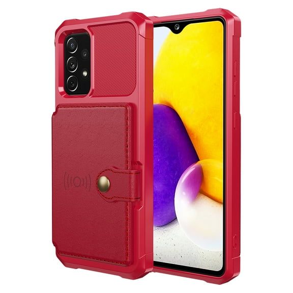 SaniMore Versatile Case for Samsung Galaxy A53 5G 6.5" 2022, Rugged PC Shell Leather Button Flip Card Pocket Stand Feature Magnetic Car Mount Shockproof Anti-drop Heavy Duty Protective Case, Red