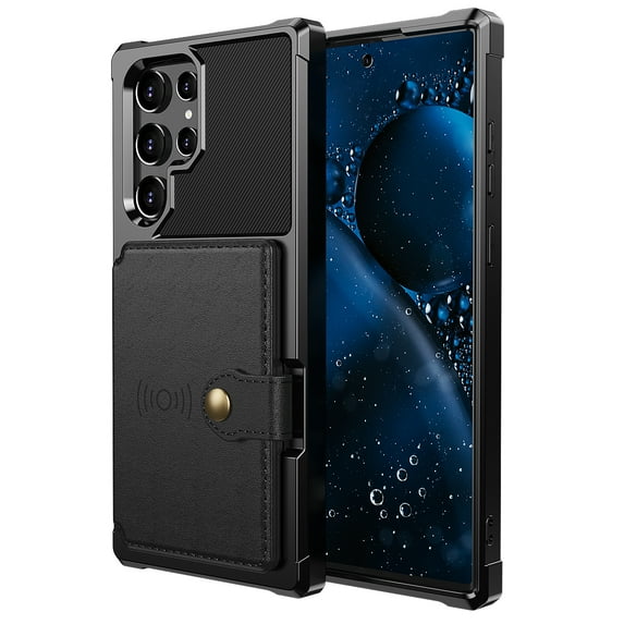 SaniMore Versatile Case for Samsung Galaxy S22 Ultra 6.8", Rugged PC Shell Leather Button Flip Card Pocket Stand Feature Magnetic Car Mount Shockproof Anti-drop Heavy Duty Protective Case, Black