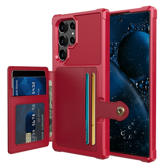 SaniMore Versatile Case for Samsung Galaxy S24 Ultra, Rugged PC Shell PU Leather Flip Card Pocket Stand Feature Magnetic Car Mount Shockproof Anti-drop Heavy Duty Protective Cover, Red