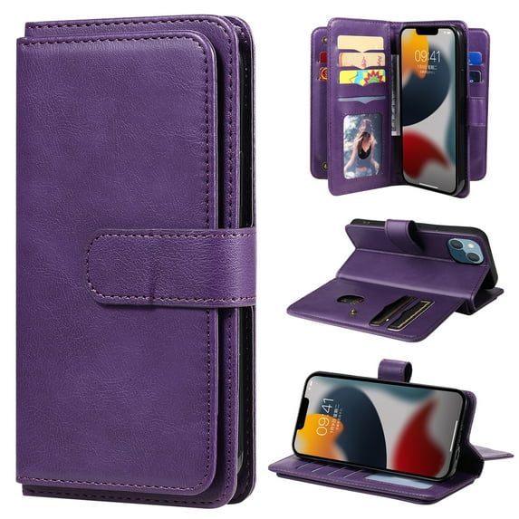 SaniMore Versatile Case for iPhone 14 6.1", Durable PU Leather Case Card Slots Flip Kickstand Magnetic Closure Anti-drop Shockproof Full Body Protective Wallet Business Case For iPhone 14, Purple