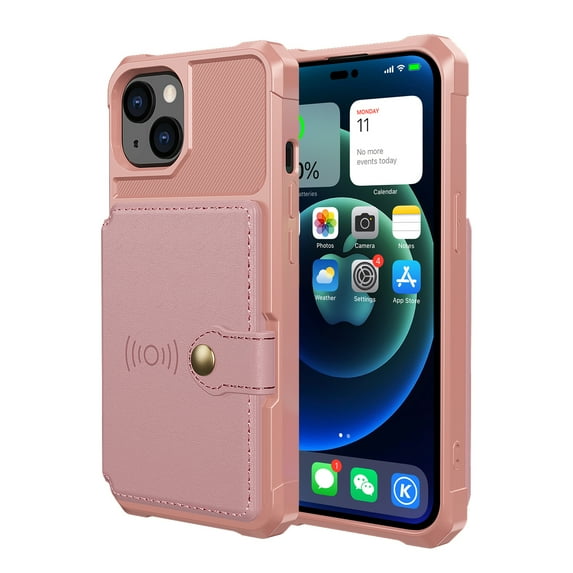SaniMore Versatile Case for iPhone 14 Plus 6.7" 2022, Rugged PC Shell Leather Button Flip Card Pocket Stand Feature Magnetic Car Mount Shockproof Anti-drop Heavy Duty Protective Case, Rosegold