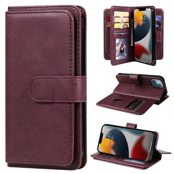 SaniMore Versatile Case for iPhone 14 Plus 6.7", Durable PU Leather Case Card Slots Flip Kickstand Magnetic Closure Anti-drop Shockproof Full Body Protective Wallet Business Case, Winered