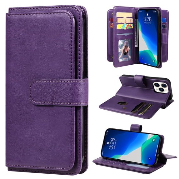 SaniMore Versatile Case for iPhone 14 Pro 6.1", Durable PU Leather Case Card Slots Flip Kickstand Magnetic Closure Anti-drop Shockproof Full Body Protective Wallet Business Case, Purple