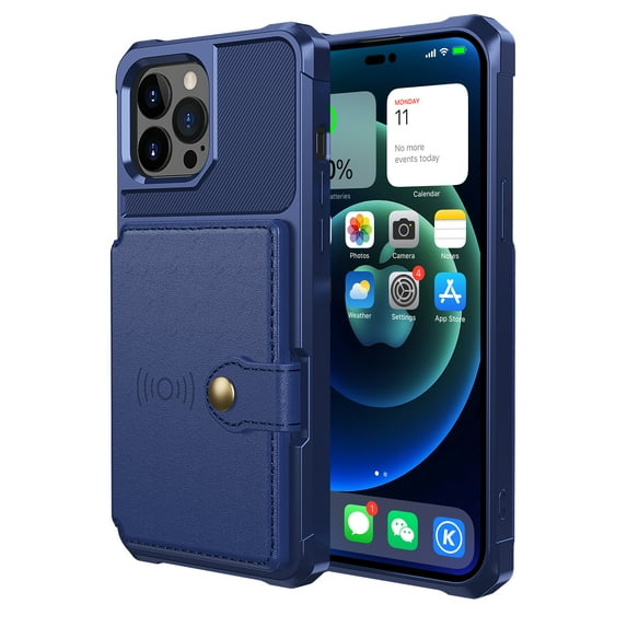 SaniMore Versatile Case for iPhone 14 Pro Max 6.7" 2022, Rugged PC Shell Leather Button Flip Card Pocket Stand Feature Car Magnetic Mount Shockproof Anti-drop Heavy Duty Protective Case, Darkblue