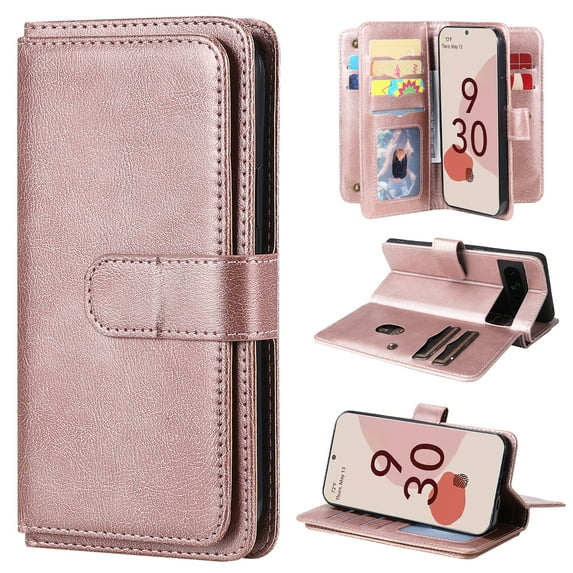 SaniMore Versatile Case for iPhone 15 6.1", Durable PU Leather Case Card Slots Flip Kickstand Magnetic Closure Anti-drop Shockproof Full Body Protective Wallet Business Cover, Rosegold