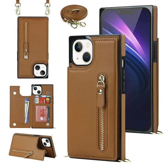 SaniMore Walet Case for iPhone 14 6.1" 2022 with Card Slots, PU Leather Zipper Wallet Crossbody Lanyard Flip Kickstand Full-body Protective Retro Shockproof Cover for Girls Women For iPhone 14, Brown