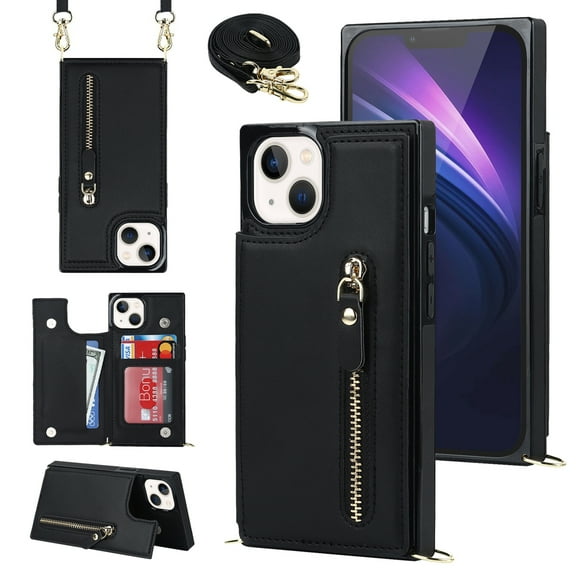 SaniMore Walet Case for iPhone 15 with Card Slots, PU Leather Zipper Wallet Crossbody Lanyard Flip Kickstand Full-body Protective Retro Shockproof Cover for Girls Women For iPhone 15, Black