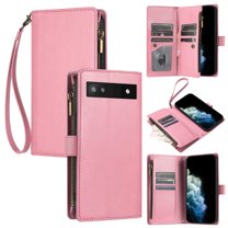 SaniMore Wallet Case for Google Pixel 6A, RFID Blocking PU Leather Zipper Handbag Purse Flip Cover, Kickstand Folio Case with Card Slot Wrist Strap Lanyard for Google Pixel 6A, Pink