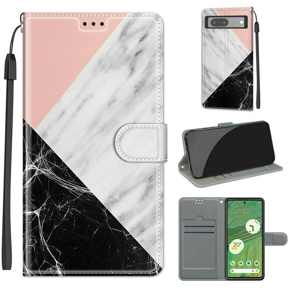 SaniMore Wallet Case for Google Pixel 7 6.3" 2022, PU Leather Color Painting Kickstand Wrist Strip Magnetic Clasp Cash Pocket Card Holders Shockproof Full Protective Case, Pink/White/Black
