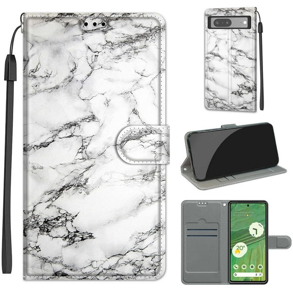 SaniMore Wallet Case for Google Pixel 7 6.3" 2022, PU Leather Color Painting Kickstand Wrist Strip Magnetic Clasp Cash Pocket Card Holders Shockproof Full Protective Case, White Marble