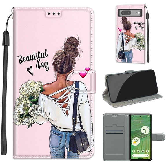 SaniMore Wallet Case for Google Pixel 7 6.3" 2022, PU Leather Color Painting Kickstand Wrist Strip Magnetic Clasp Cash Pocket Card Holders Shockproof Full Protective Case, Girl