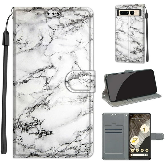 SaniMore Wallet Case for Google Pixel 7 Pro 6.7" 2022, PU Leather Color Painting Kickstand Wrist Strip Magnetic Clasp Cash Pocket Card Holders Shockproof Full Protective Case, White Marble