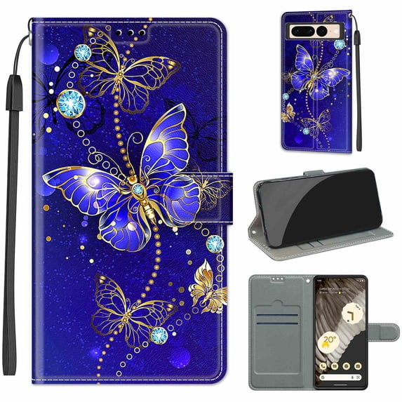 SaniMore Wallet Case for Google Pixel 7 Pro 6.7" 2022, PU Leather Color Painting Kickstand Wrist Strip Magnetic Clasp Cash Pocket Card Holders Shockproof Full Protective Case, Blue&Gold Butterfly