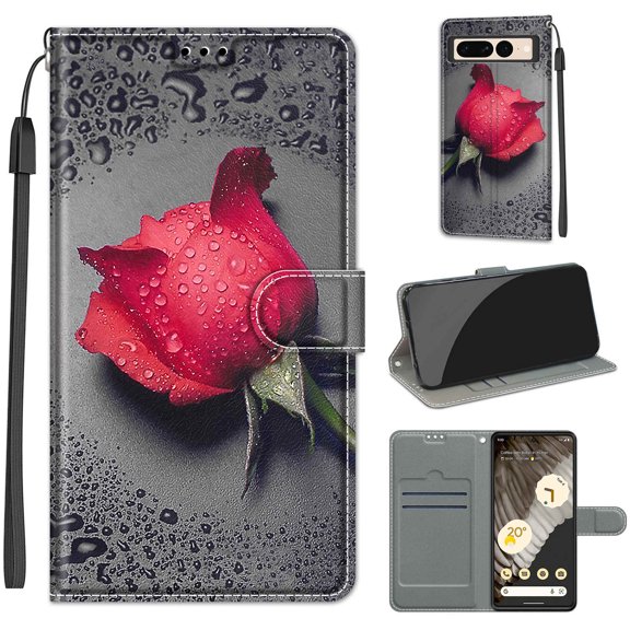 SaniMore Wallet Case for Google Pixel 7 Pro 6.7" 2022, PU Leather Color Painting Kickstand Wrist Strip Magnetic Clasp Cash Pocket Card Holders Shockproof Full Protective Case, Red Rose